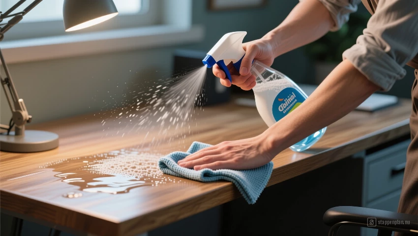 3D render van een bureau dat wordt schoongemaakt.