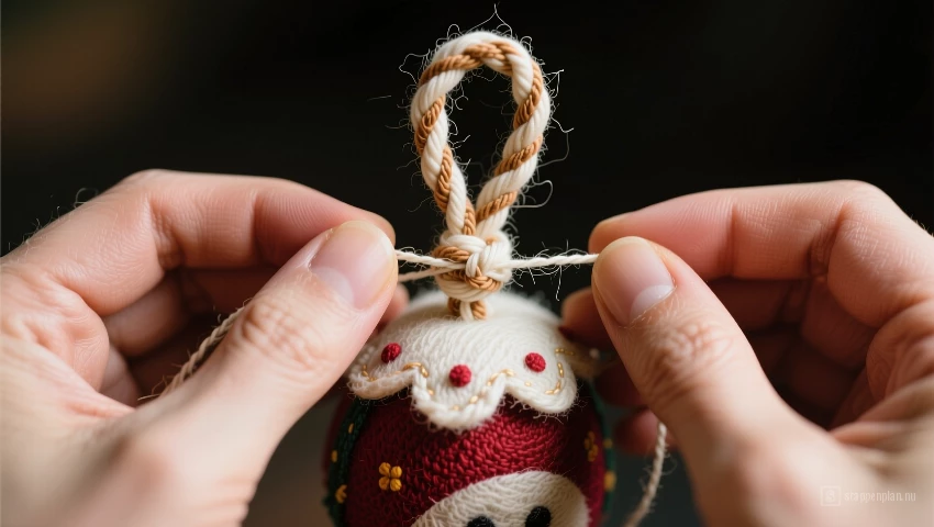 Persoon knoopt een lus aan de bovenkant van een viltdecoratie.