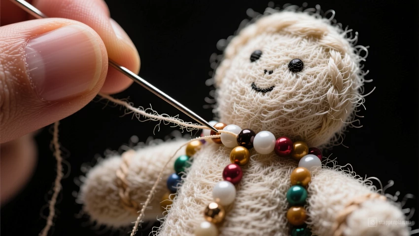 Macro foto van naald en draad die kralen aan een viltfiguur rijgen.
