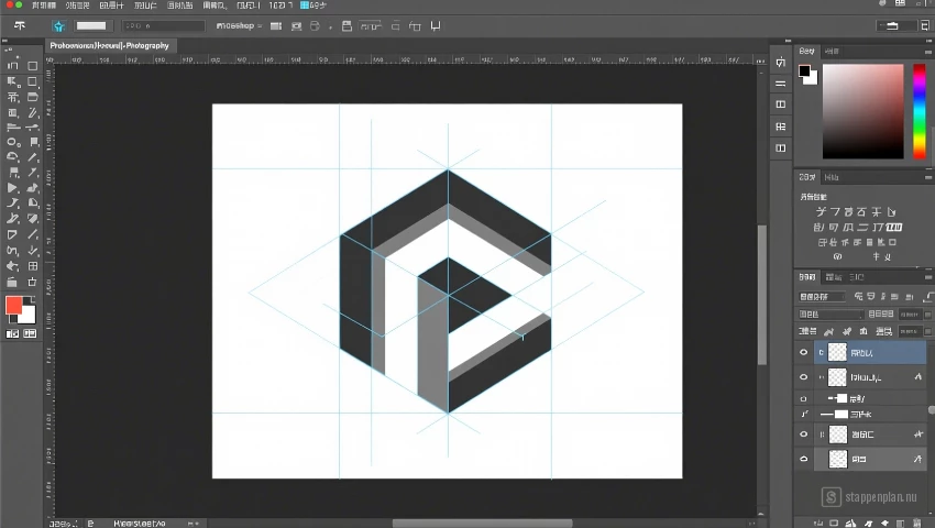 Photoshop interface met vector logo.