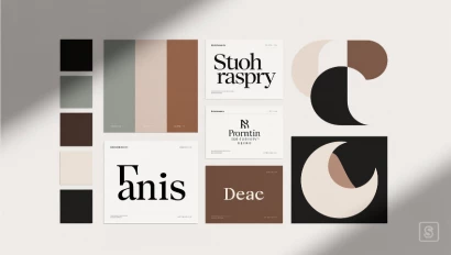 Minimalistische moodboard met kleuren en typografie.