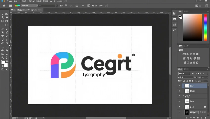 Photoshop interface met logo kleuren en lettertypes.