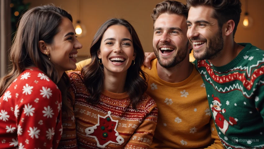 Vriendengroep in kersttruien.