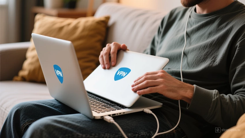 Persoon sluit laptop na verbreken VPN.