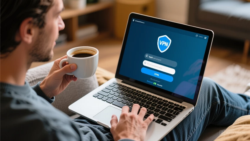 Persoon geniet van koffie en logt in op VPN.