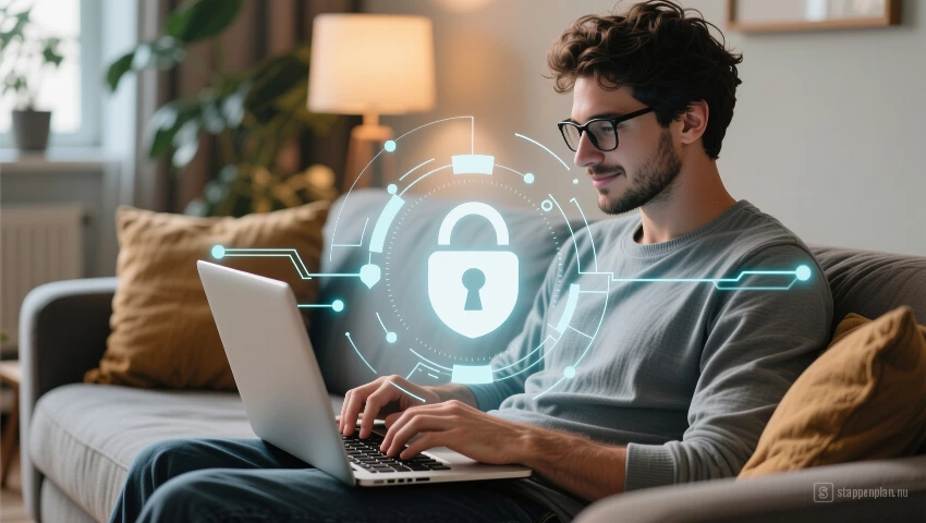 Persoon werkt op laptop met beveiligde VPN verbinding.