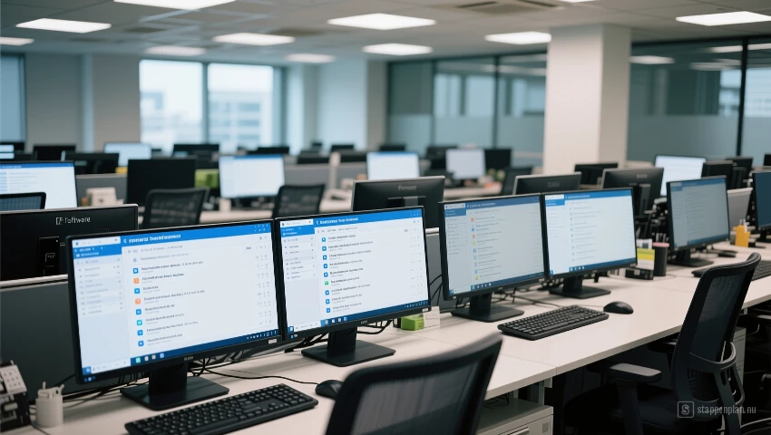 Georganiseerde werkruimte met computers en software lijsten.