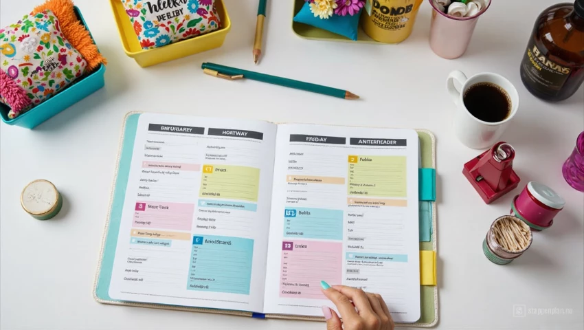 Kleurrijke weekplanner met schoonmaaktaken en schoonmaakspullen.