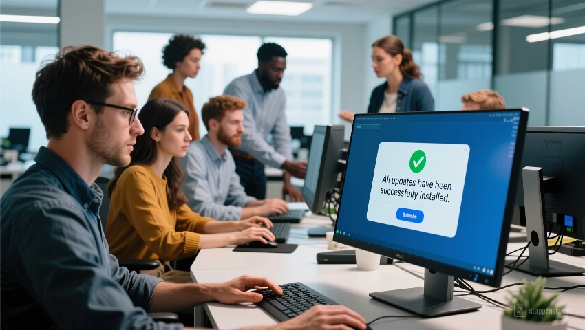 Groep mensen, bevestiging updates geïnstalleerd.