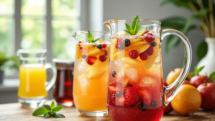 Kan met fruit en frisdrank, versierd met fruit.