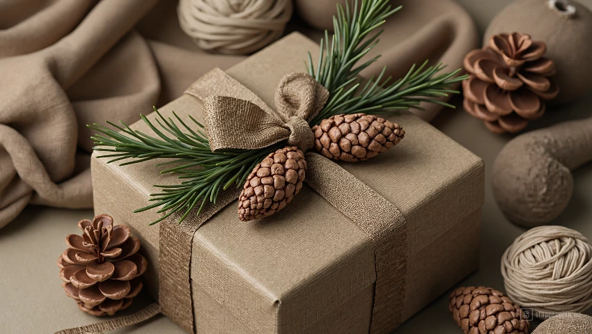 3D render van cadeau met natuurlijke materialen.