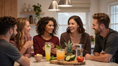 Vrienden verzamelen ingrediënten voor nieuwjaarsmocktails.