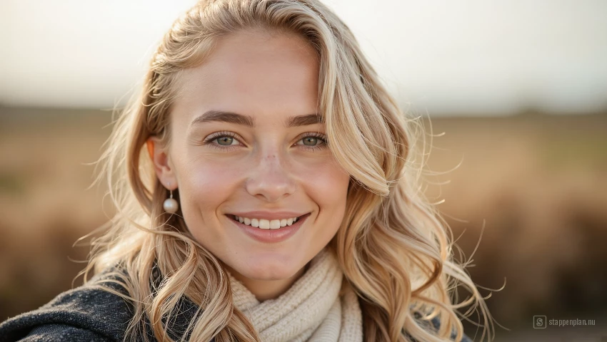 Vrouw glimlacht zelfverzekerd.