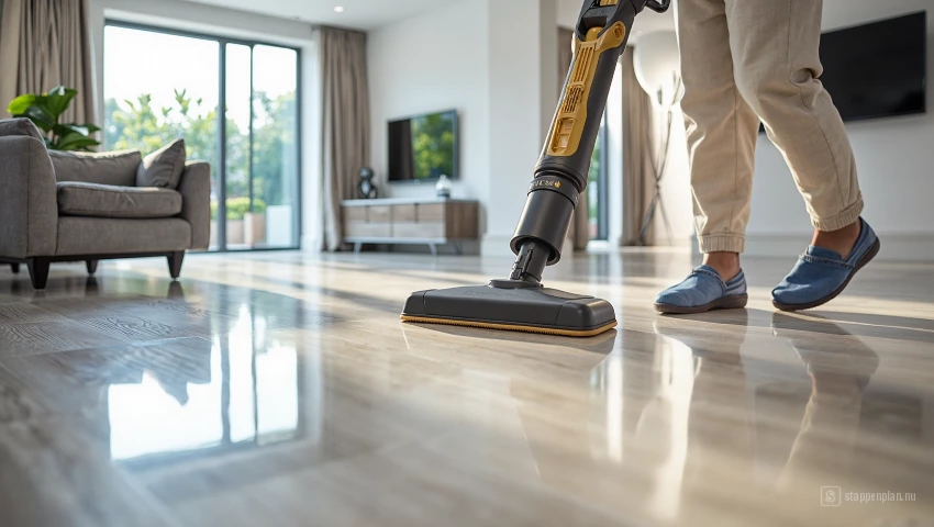 Foto van schone en glanzende vloer na schoonmaken.