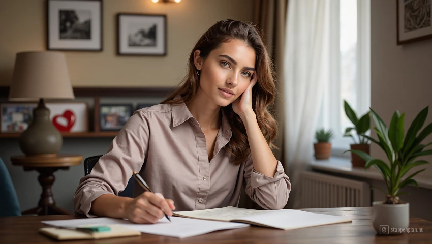 Vrouw schrijft brief aan bureau.