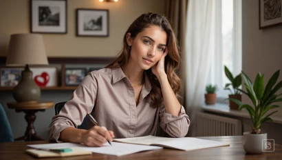 Vrouw schrijft brief aan bureau.