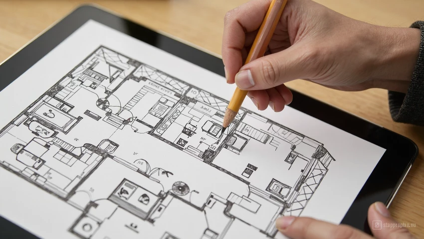 Digitale illustratie van hand die plattegrond tekent.
