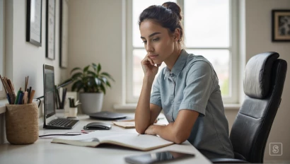 Een rustige werkomgeving met een schrijver die nadenkt.