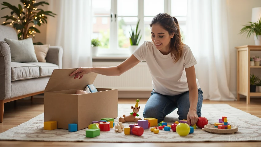 Vrouw ruimt speelgoed op in speelgoedkist.