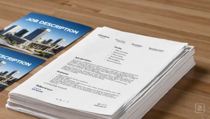 Opgeruimd bureau met vacature en bedrijfsinformatie.