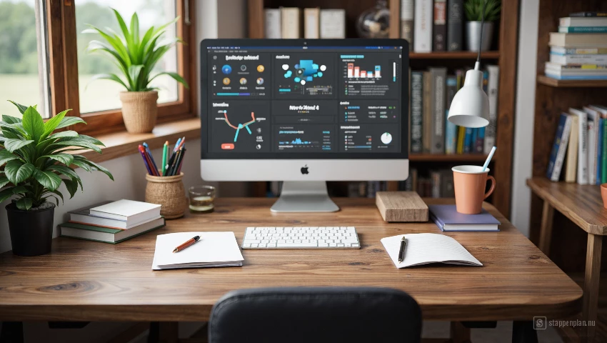 3D render van een bureau met persoonlijke spullen.