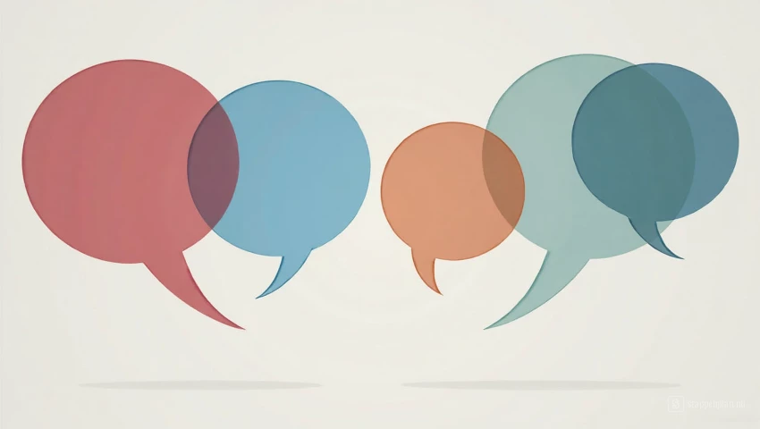 Een digitale illustratie van een gesprek met verschillende spraakballonnen.