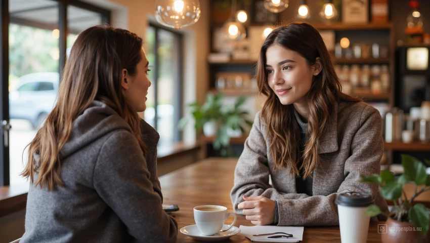Jonge vrouw praat met een vriend in een café.