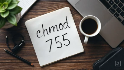 Werkplek met chmod notitie en laptop