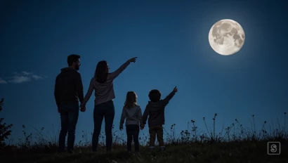 Familie wijst naar maan en bespreekt fase.