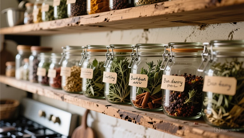 Glazen potten met kruiden op een rustiek plank.