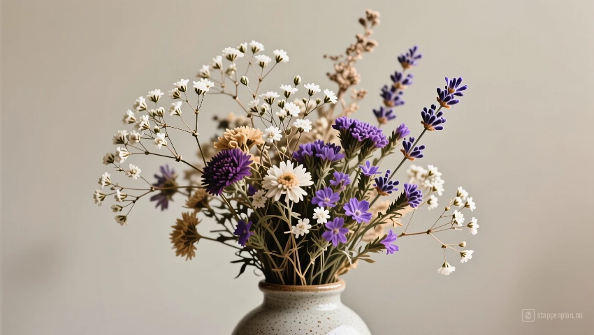 Vase met vulbloemen tegen een neutrale achtergrond.