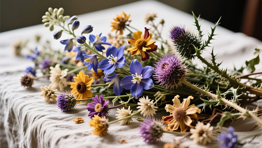 Kern bloemen voor een boeket op linnen.