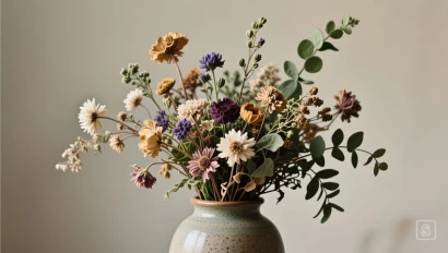 Vase met bloemen en groen tegen een neutrale achtergrond.