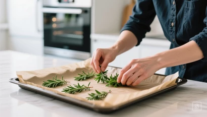Kruiden op een bakplaat in een moderne keuken.