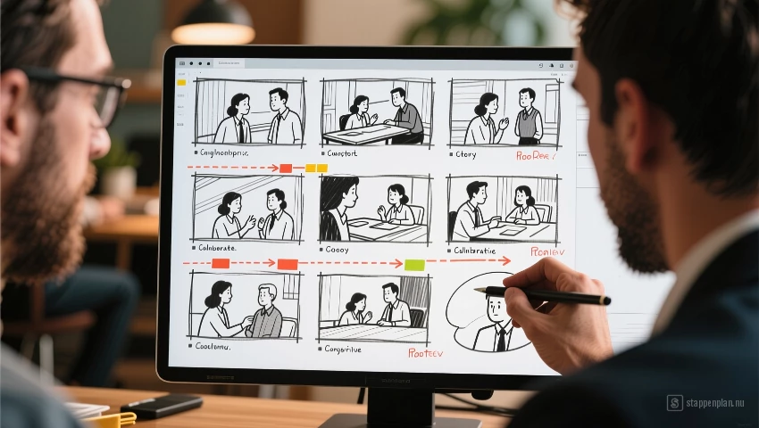 Storyboard met schetsen van belangrijke scènes.