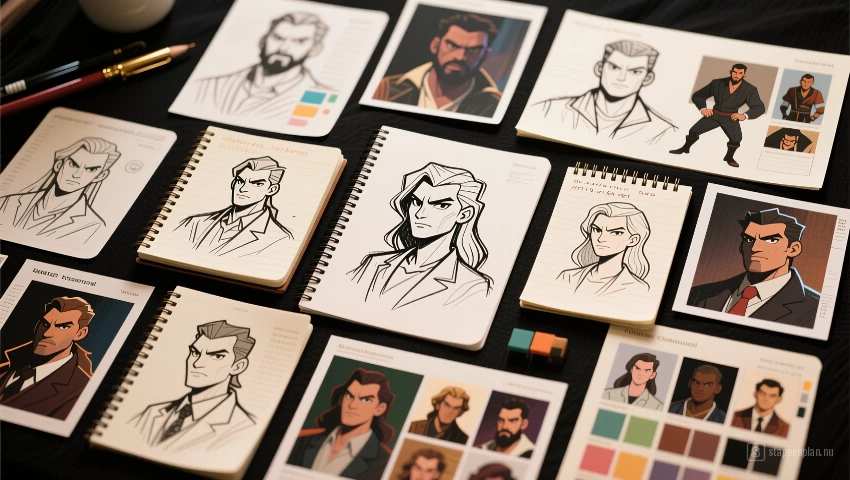 Collectie van personageschetsen en notities.