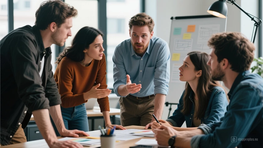 Groep filmmakers bespreekt een script.