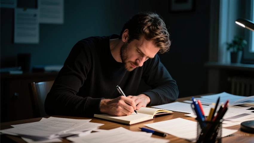 Man schrijft geconcentreerd in een donkere kamer.