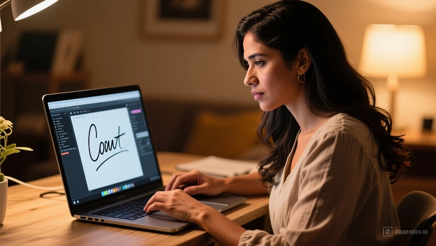 Vrouw gebruikt scriptsoftware op een laptop.