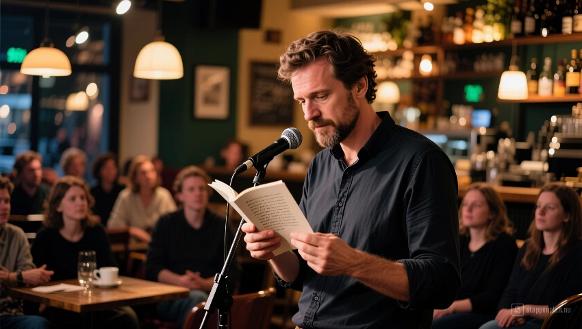 Man leest poëzie bij open mic avond.