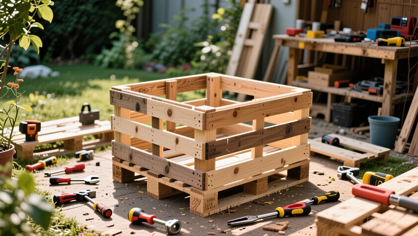 Half afgemaakte pallet box in een tuinwerkplaats.