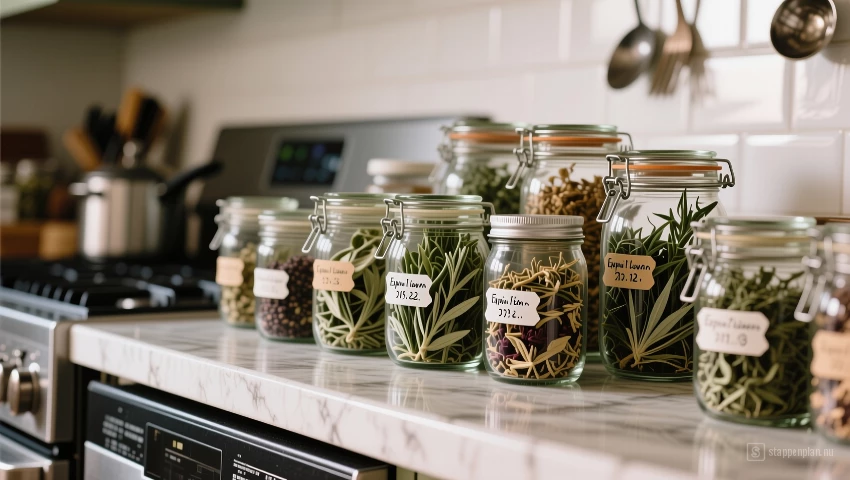 Kruidenpotten met een houdbaarheidsdatum.