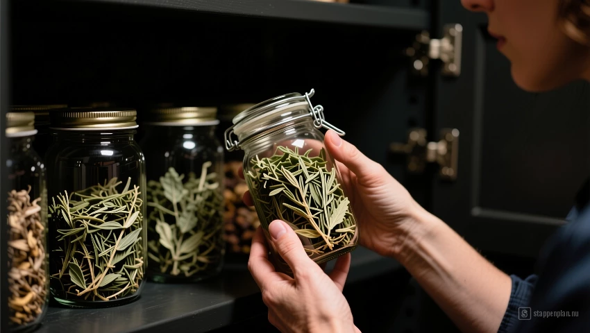 Iemand controleert een pot kruiden in een voorraadkast.