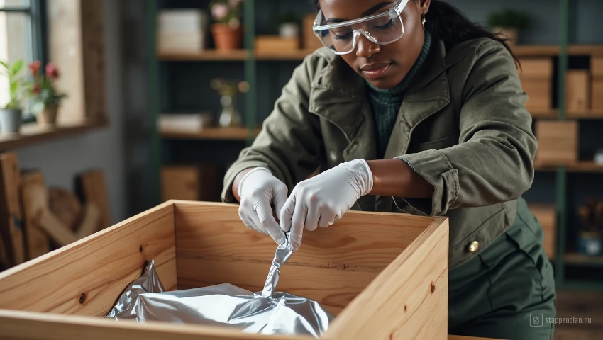 Vrouw brengt waterdichte folie aan in de box.