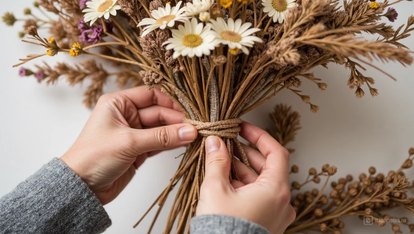 Handen binden een boeket vast.