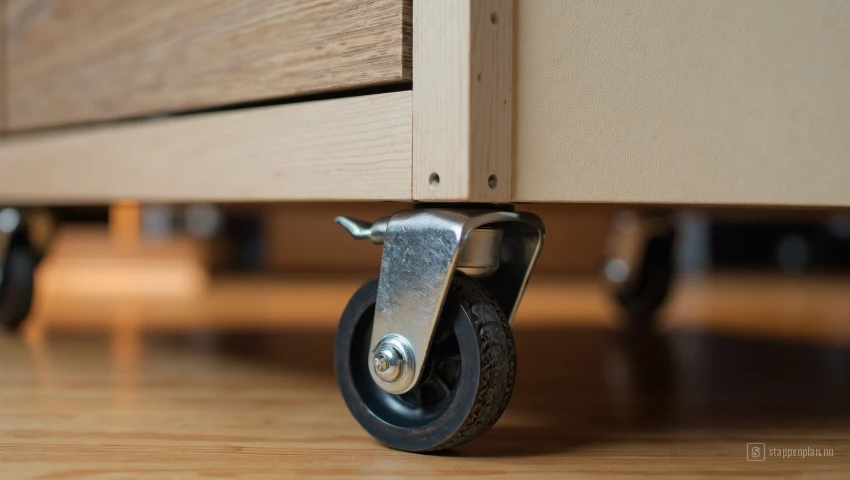 Wiel bevestigd aan de onderkant van een box.