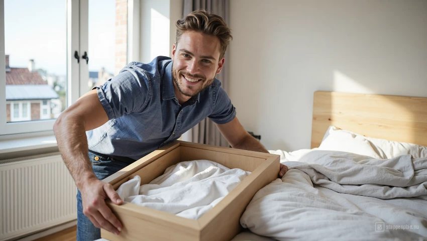 Man schuift een opbergbox onder zijn bed.