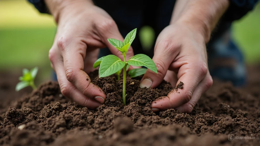 Close-up van handen die een zaailing planten.