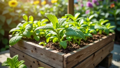 Houten box gevuld met bloeiende planten.