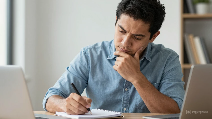 Man schrijft met concentratie op een notitieblok.